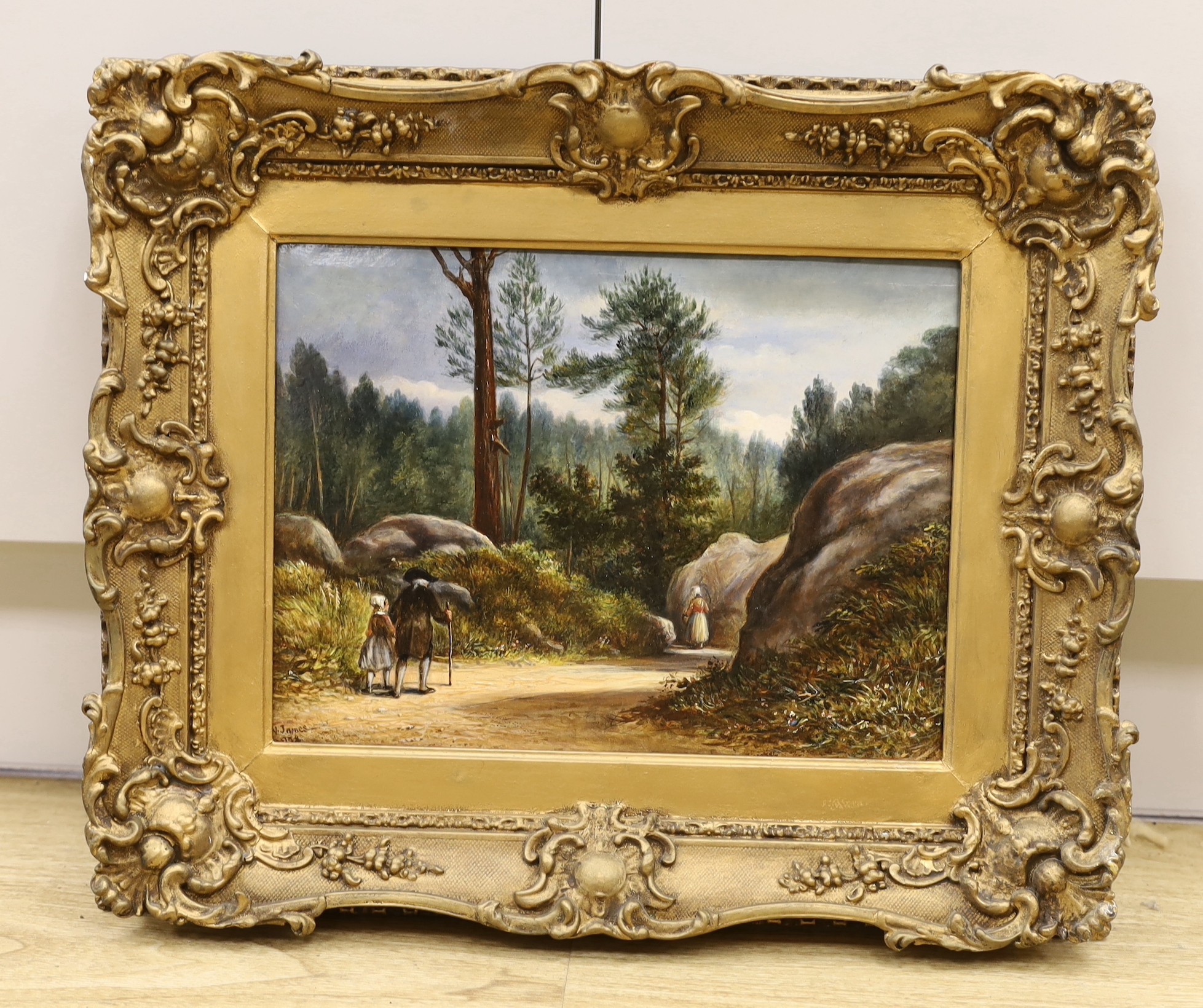 E.W. James (19th century), oil on board, 'In the Forest of Fontainebleu, France', from a sketch made in 1864, signed, 23 x 32cm